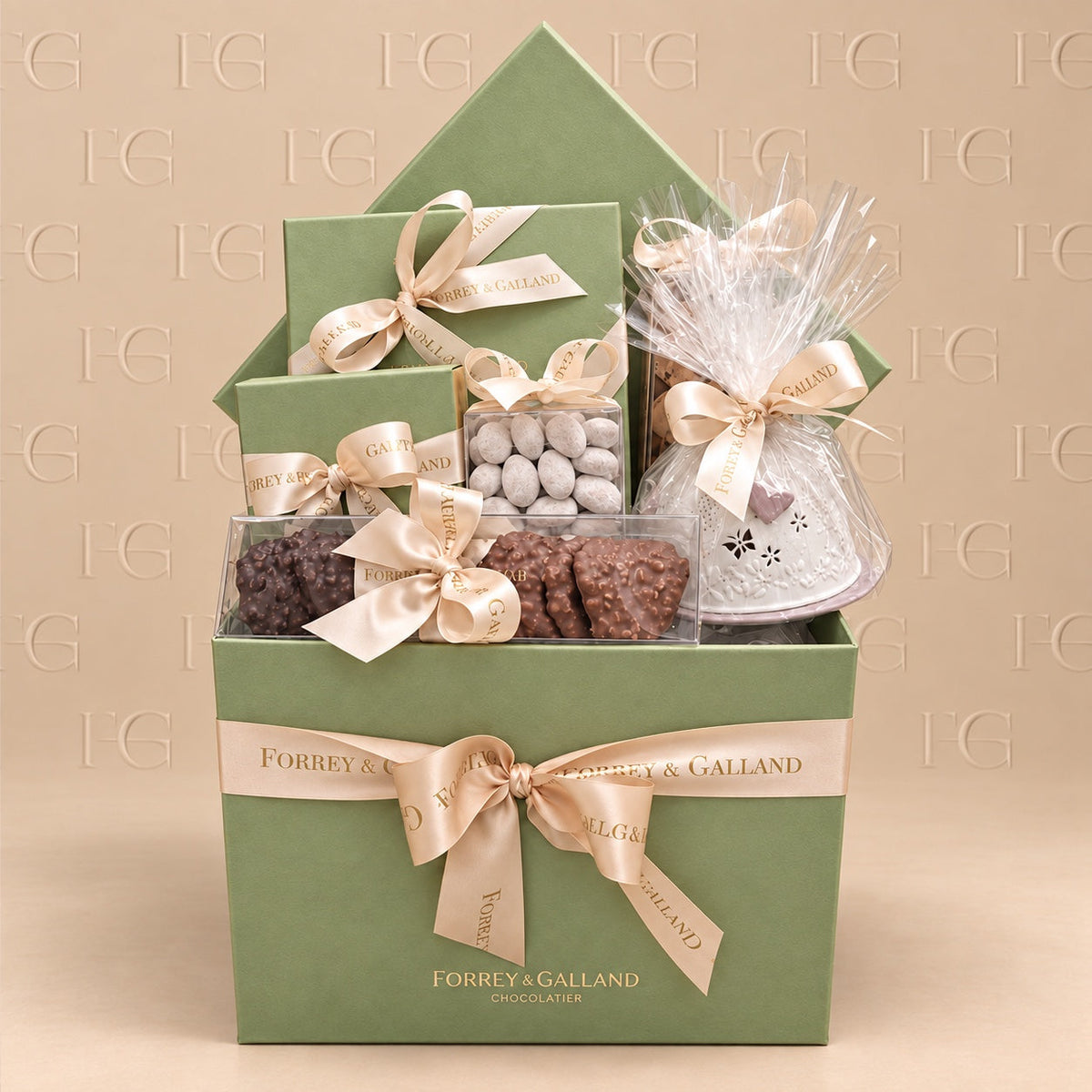 Classic Hamper — sage green Forrey & Galland gift box with champagne ribbons, chocolates, glazed almonds and candle