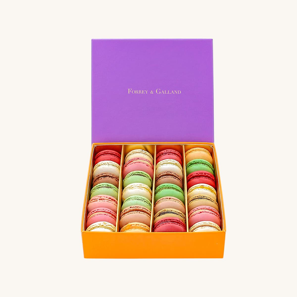 Forrey & Galland elegant gift box filled with 24 pieces of handmade premium macarons