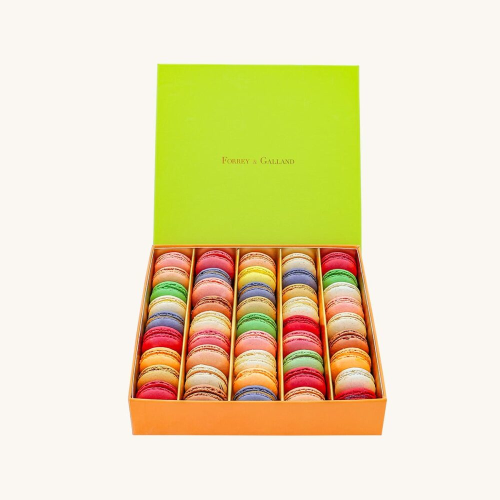 Forrey & Galland elegant gift box filled with 40 pieces of handmade mini premium macarons.