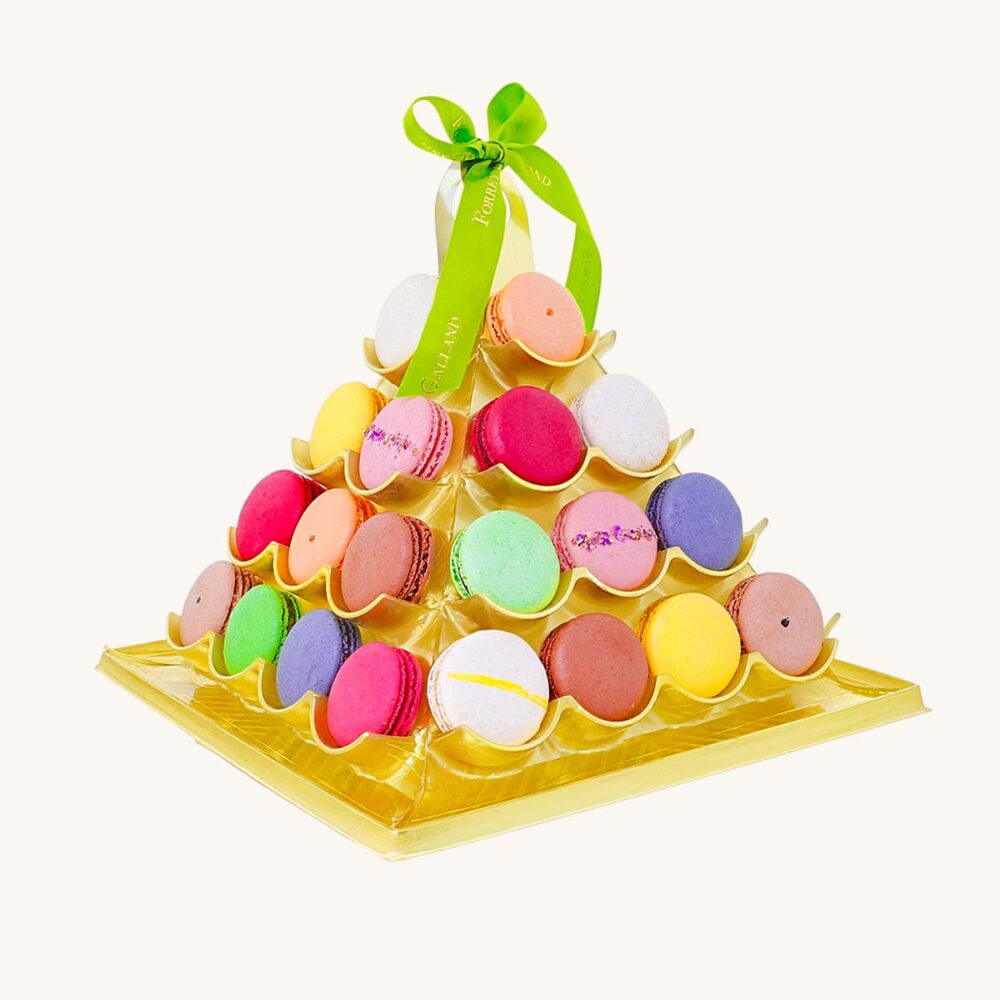 Forrey & Galland elegant pyramid display filled with 40 pieces of handmade premium macarons
