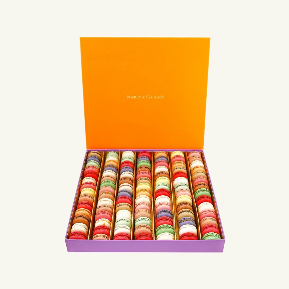 Forrey & Galland elegant gift box filled with 84 pieces of handmade mini premium macarons