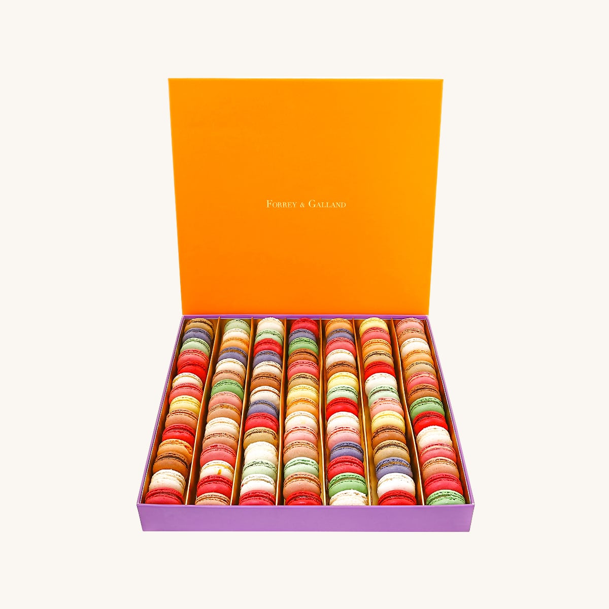 Forrey & Galland elegant gift box filled with 84 pieces of handmade mini premium macarons