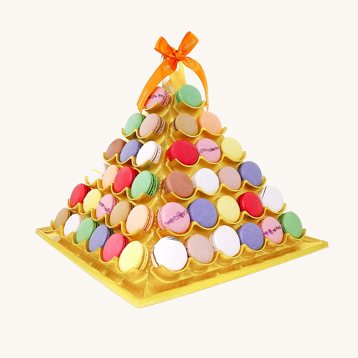 Forrey & Galland elegant pyramid display filled with 84 pieces of handmade premium macarons