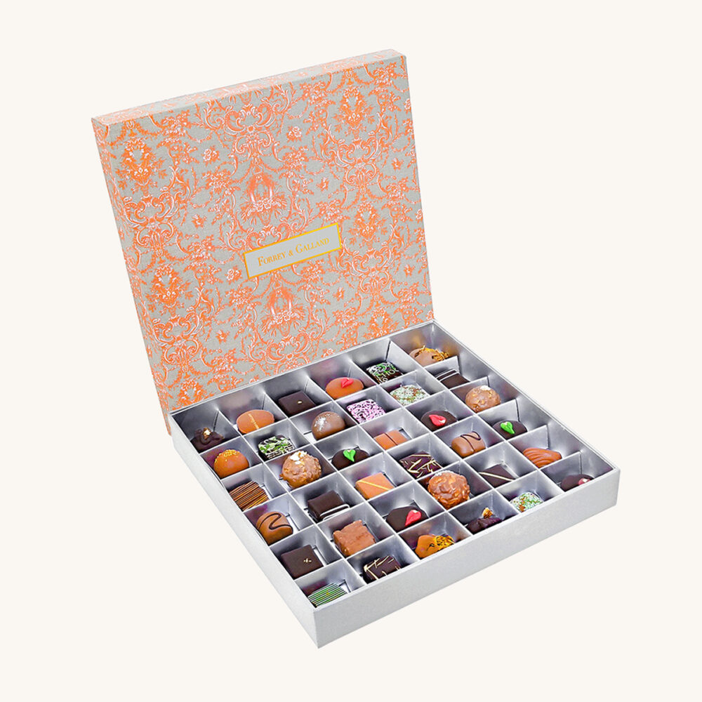 Forrey & Galland Toile de Jouy designed chocolate box filled with 36 pieces of premium handmade chocolates.