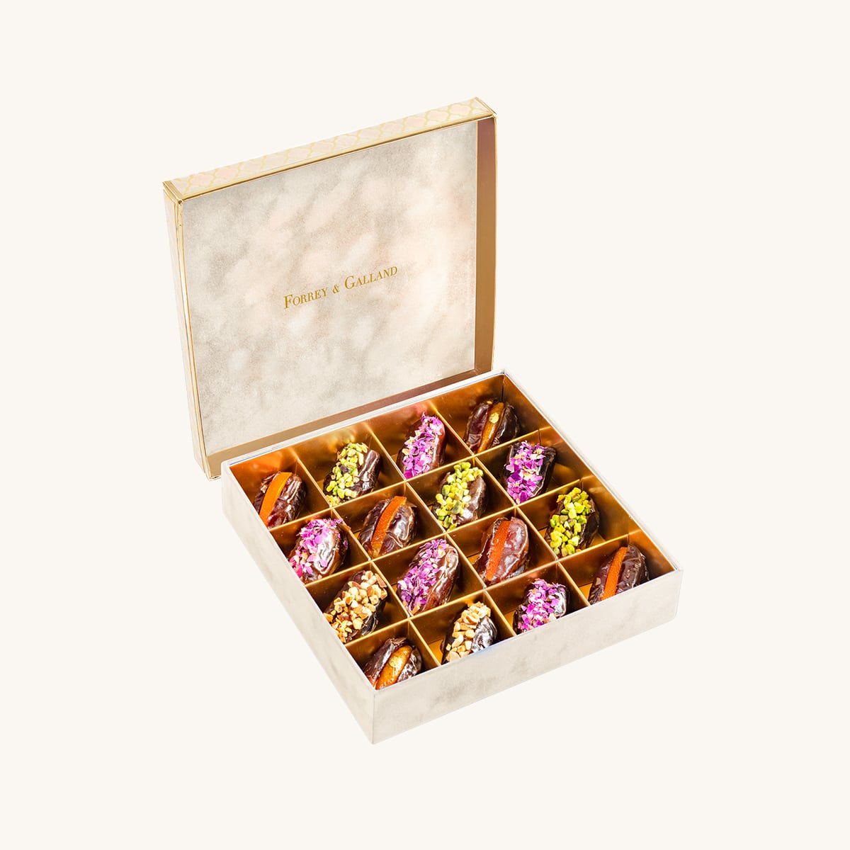 Forrey & Galland luxury velvet box filled with 16 pieces of premium dates
