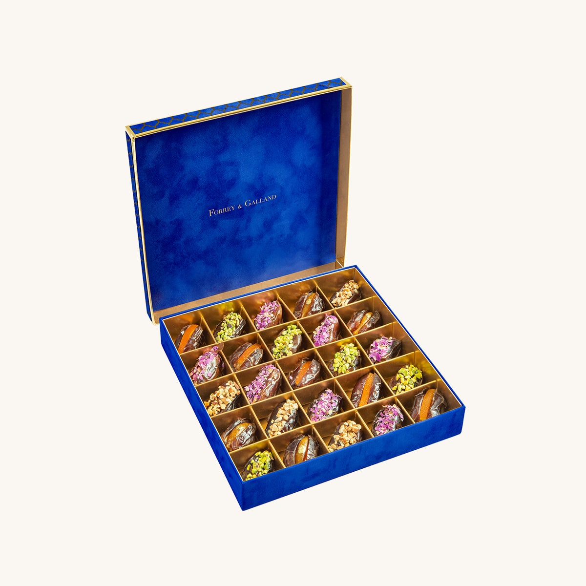 Forrey & Galland luxury velvet box filled with 25 pieces of premium dates