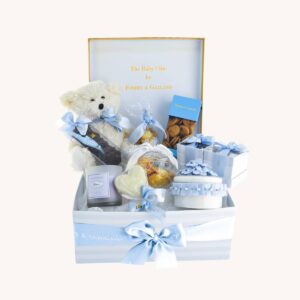 baby boy hamper containing handmade cookies and chocolates box for a baby shower