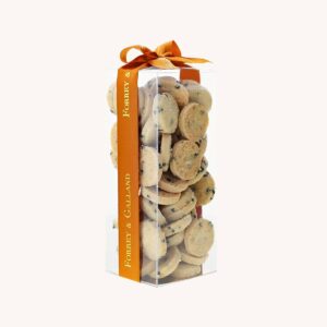 Forrey & Galland handmade black olive salted cookies in a transparent gift box with a ribbon.