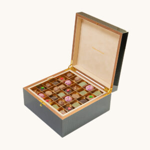 Forrey & Galland luxury wooden lacquered box filled with 50 pieces of French premium chocolates.