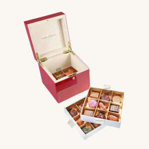 Forrey & Galland luxury wooden lacquered box filled with 27 pieces of French premium chocolates.