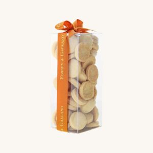 Forrey & Galland handmade parmesan cheese cookies in a transparent gift box with a ribbon.