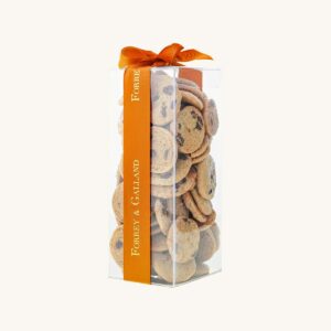 Forrey & Galland handmade chocolate chip cookies in a transparent gift box with a ribbon.