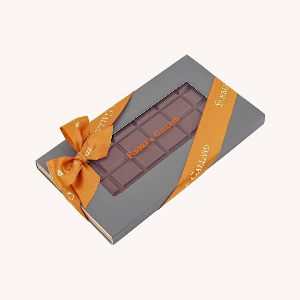 Forrey & Galland handmade milk chocolate tablet with a ribbon