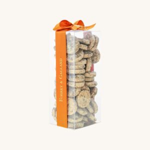 Forrey & Galland handmade oregano salted cookies in a transparent gift box with a ribbon.