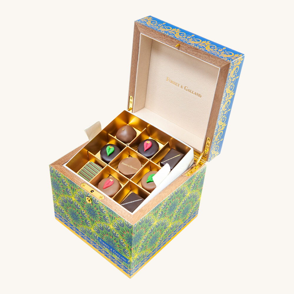 Forrey & Galland luxury wooden lacquered box filled with 27 pieces of French premium chocolates.