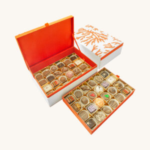 Forrey & Galland luxury silk chocolate box filled with 48 pieces of premium handmade chocolates.