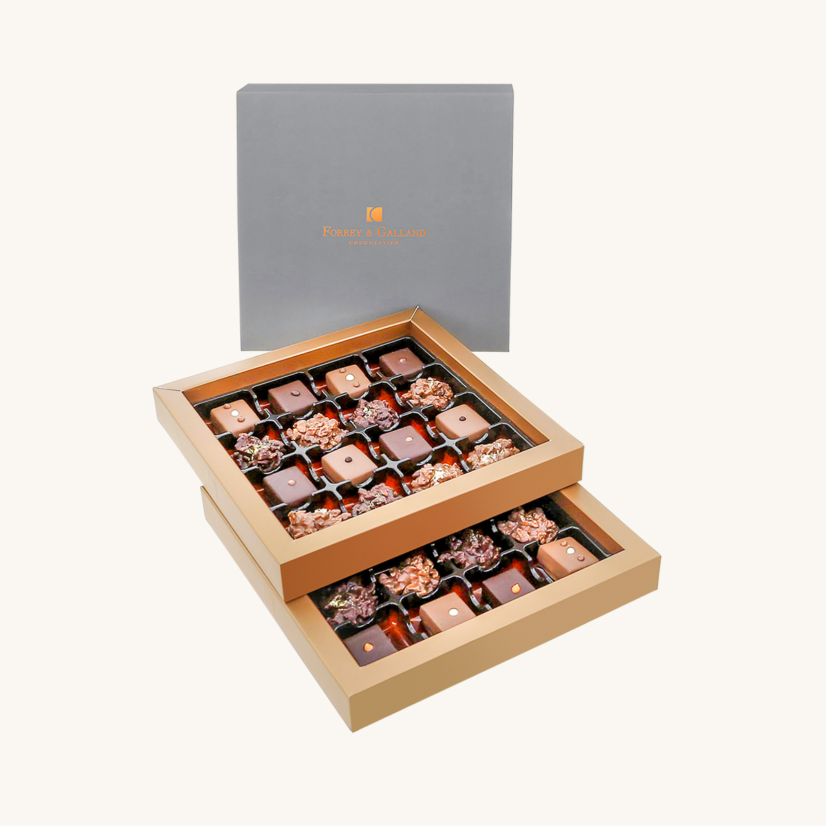 Forrey & Galland premium chocolate box filled in with 32 pieces of sugar free handmade chocolates.