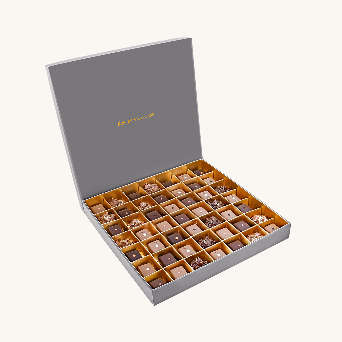 Forrey & Galland luxury chocolate box filled with 49 pieces of sugar free handmade chocolates.