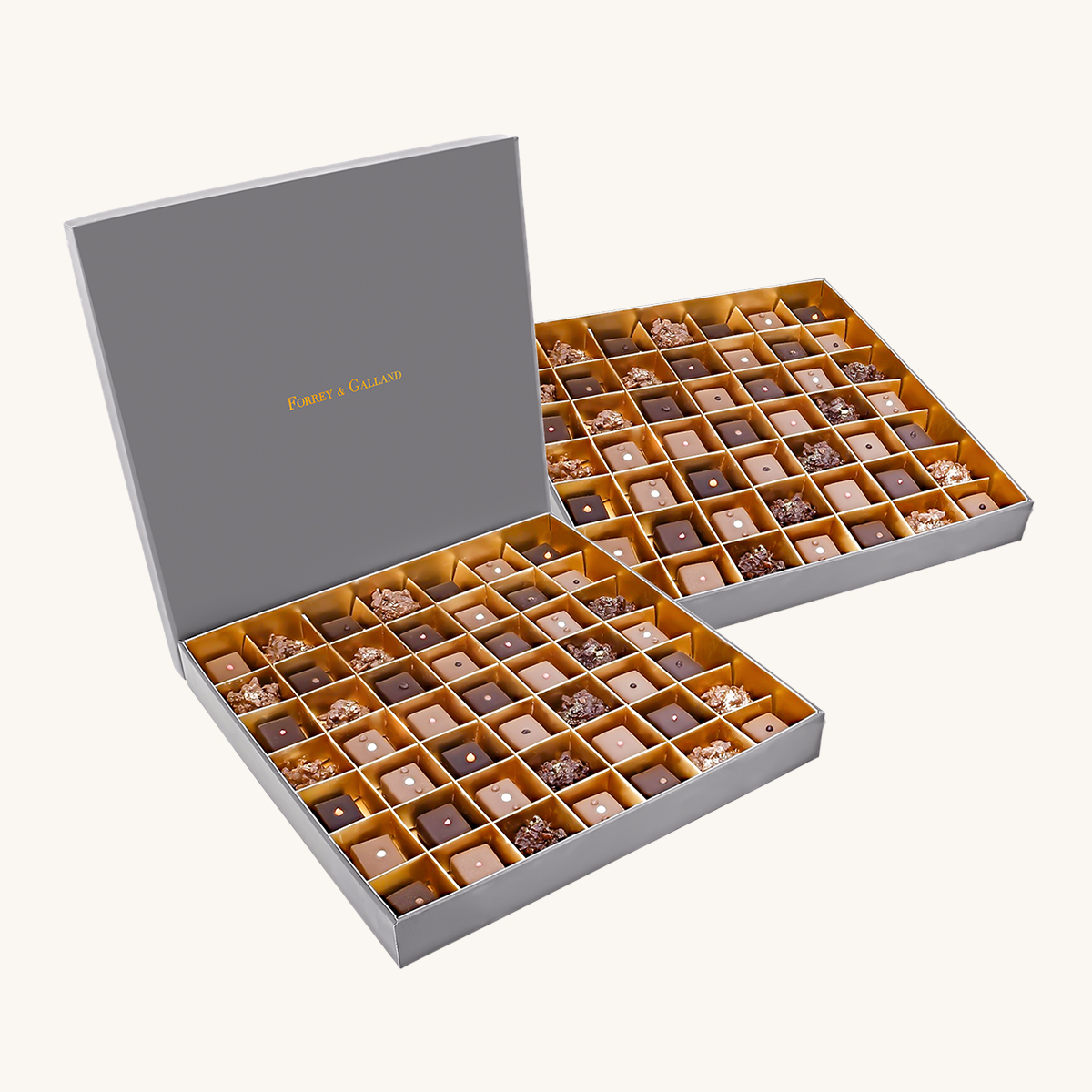 Forrey & Galland luxury chocolate box filled with 98 pieces of sugar free handmade chocolates.