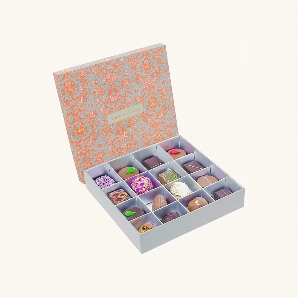 Forrey & Galland Toile de Jouy designed chocolate box filled with 16 pieces of premium handmade chocolates.