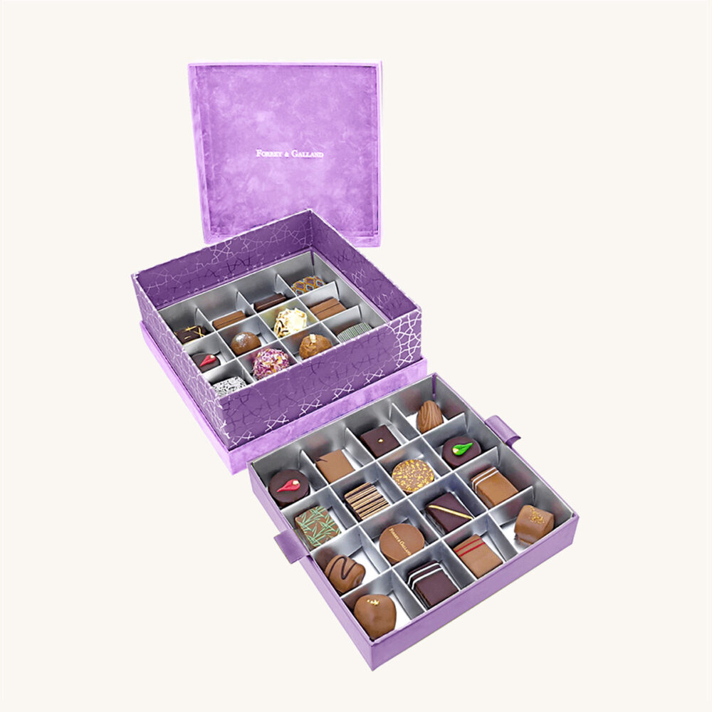 Forrey & Galland luxury velvet chocolate box filled with 32 pieces of premium handmade chocolates.