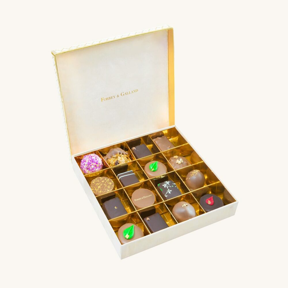 Forrey & Galland luxury velvet chocolate box filled with 16 pieces of premium handmade chocolates.