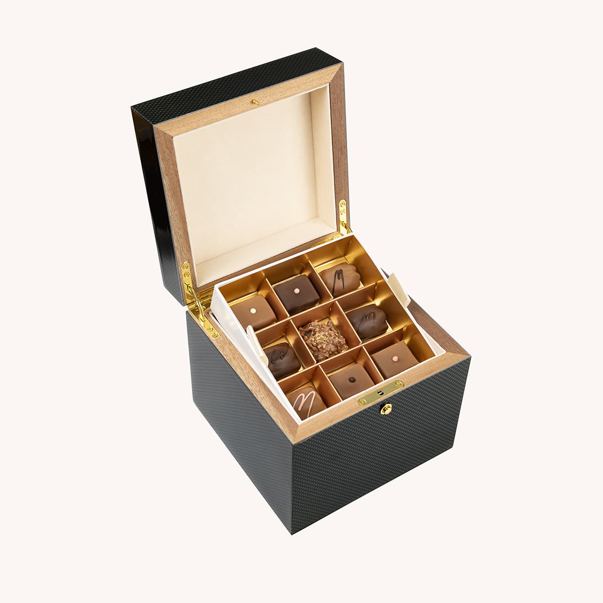 wooden lacquered box with sugar free chocolates