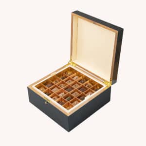 sugar free chocolates in a wooden lacquered box