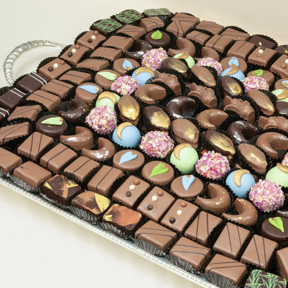 tray of chocolates made with French chocolate-making techniques