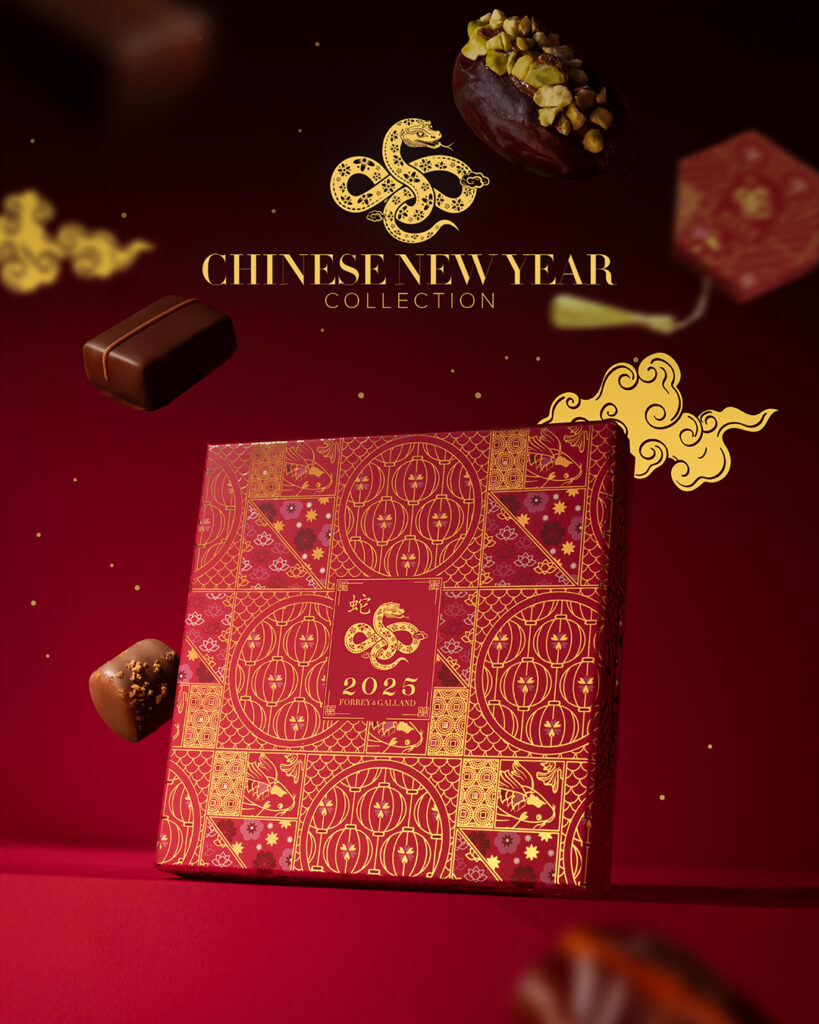 Chinese New Year 2025 Collection by Forrey & Galland – Luxurious chocolates, premium Khidri dates, and elegant hampers inspired by the Year of the Snake