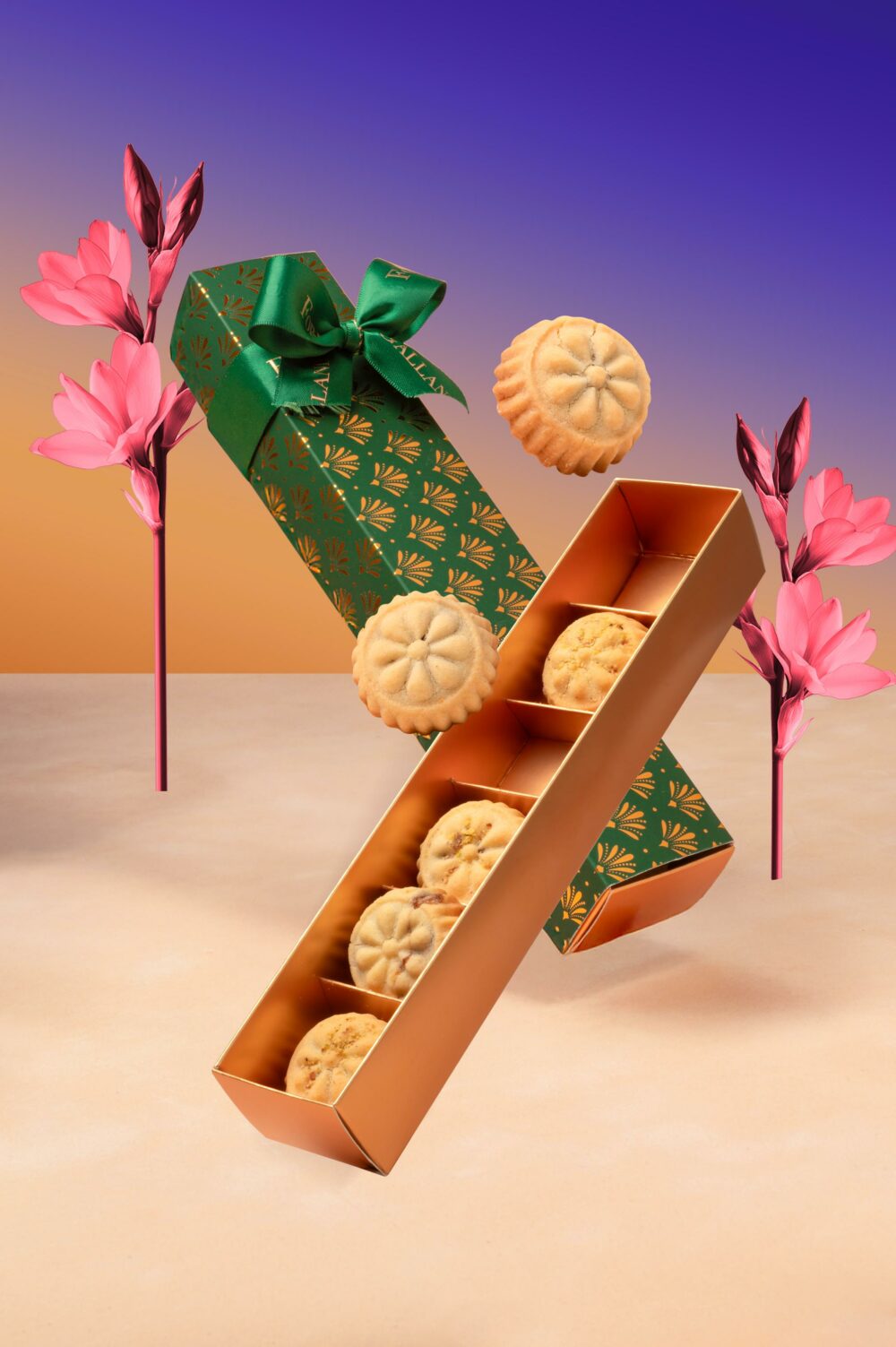 Luxury Eid mamoul box Forrey & Galland Green and gold Eid gift box with fig and pistachio mamoul