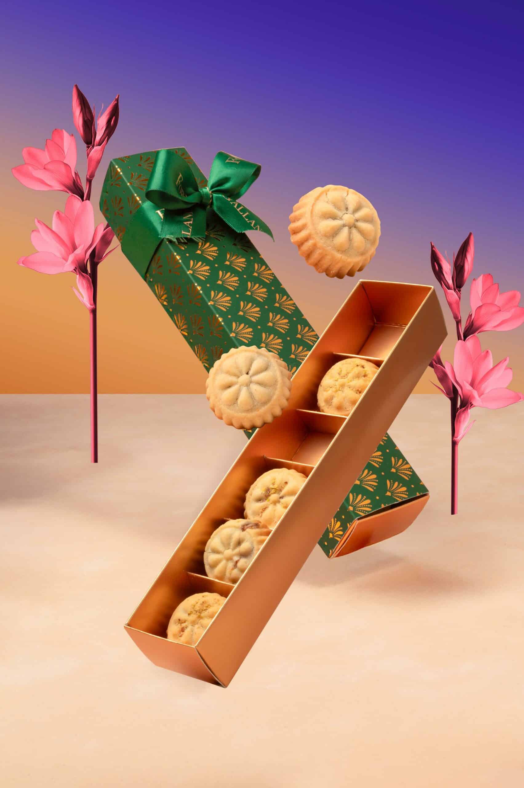 Luxury Eid mamoul box Forrey & Galland Green and gold Eid gift box with fig and pistachio mamoul