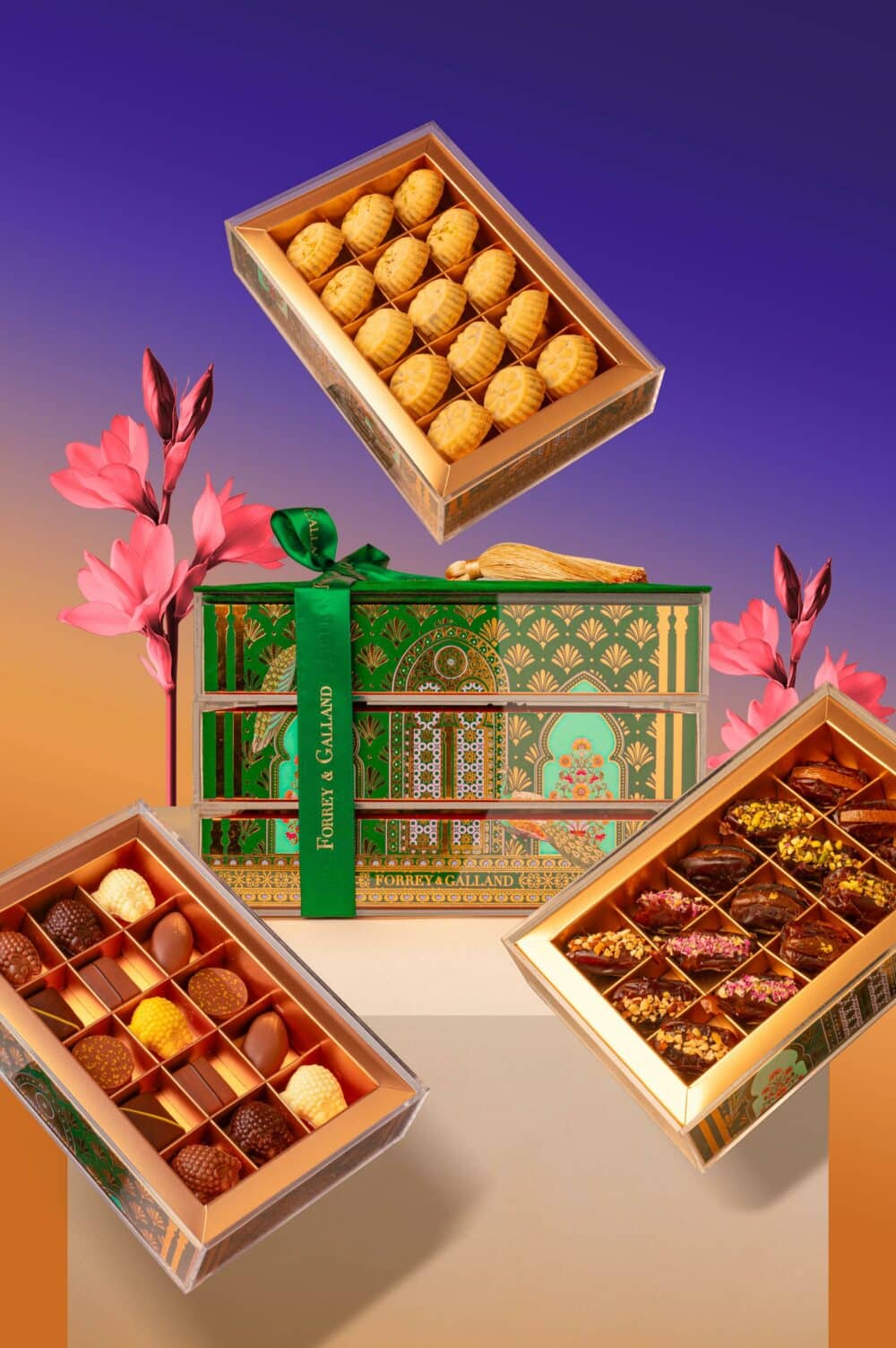 Luxury acrylic Eid chocolate box Forrey & Galland Jardin d’Or gift box with chocolates and dates