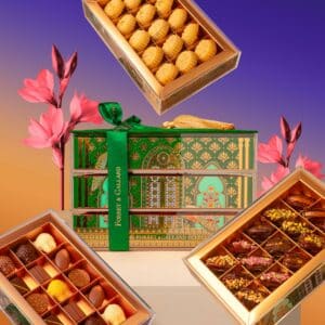 Luxury acrylic Eid chocolate box Forrey & Galland Jardin d’Or gift box with chocolates and dates