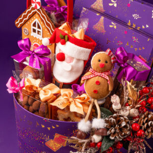 The Festive Joy Hamper by Forrey & Galland – round Christmas gift box filled with luxury chocolates, truffles and festive cookies