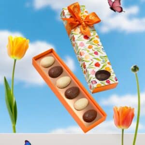 Handcrafted mini praline Easter eggs in a decorative spring gift box