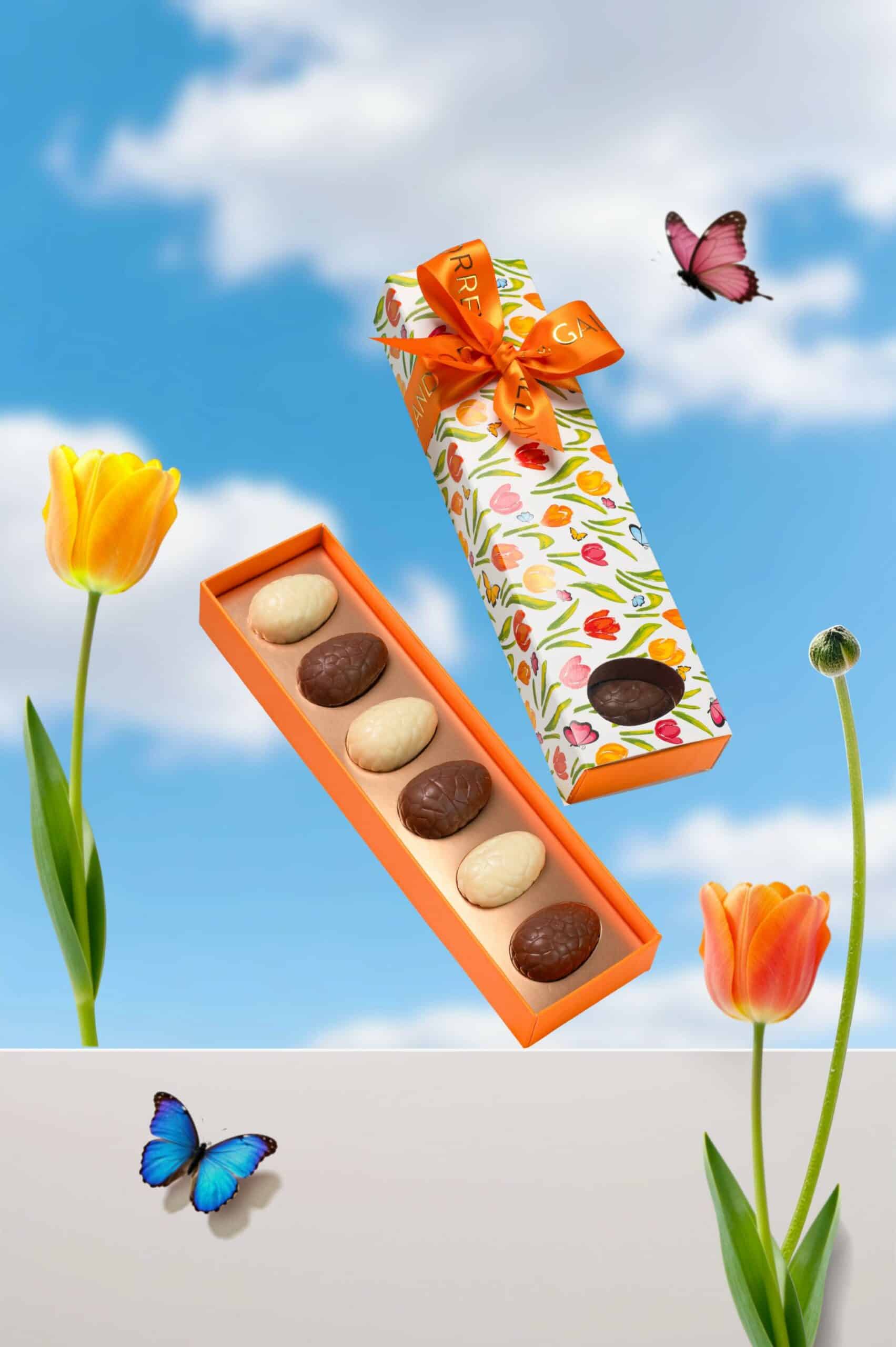 Handcrafted mini praline Easter eggs in a decorative spring gift box