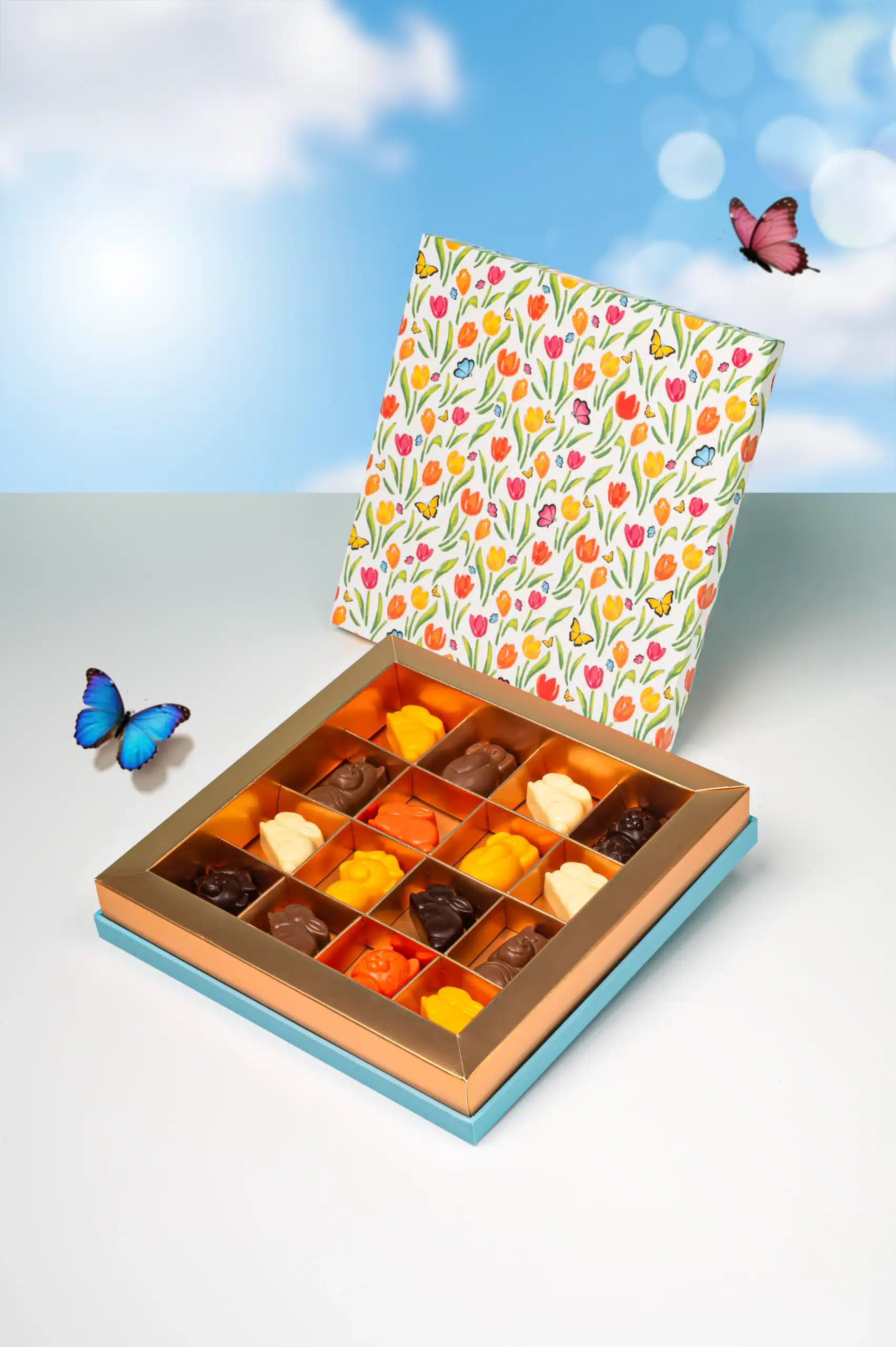 Easter chocolate gift box with 16 handcrafted animal-shaped chocolates