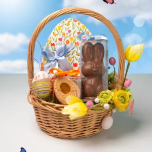 Classic woven Easter basket with handcrafted chocolates cookies floral details and seasonal treats