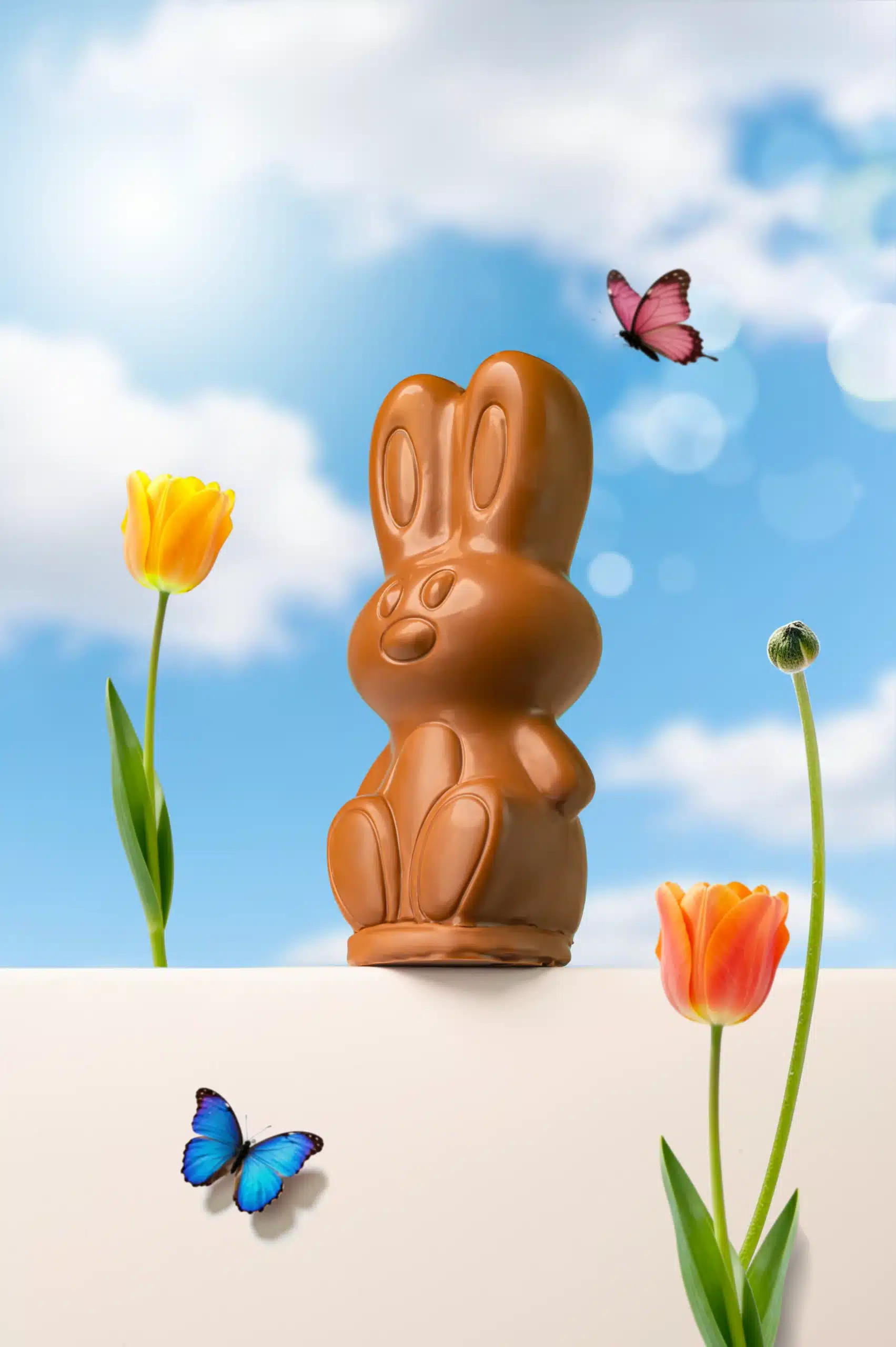 Handcrafted Easter chocolate rabbit filled with praline