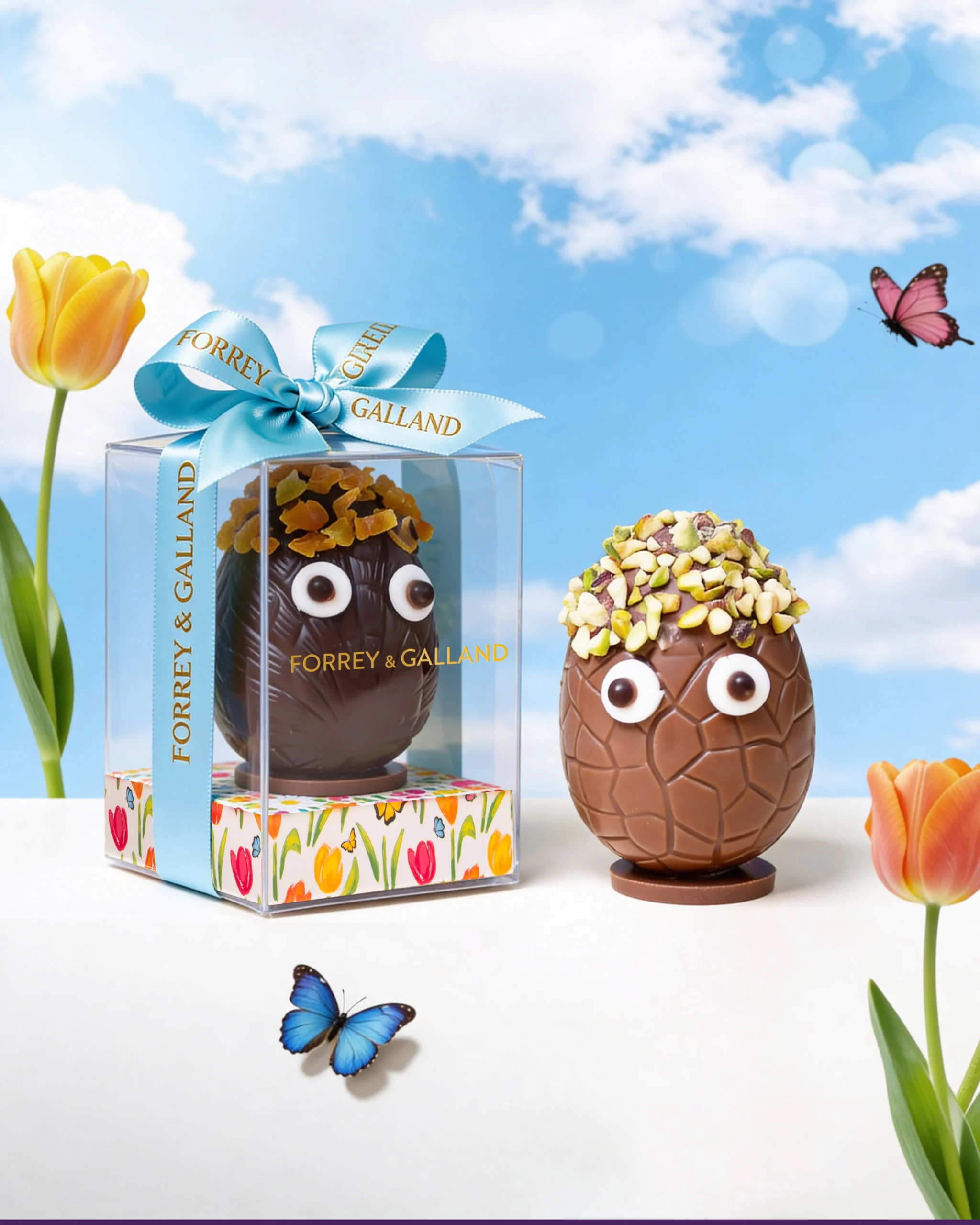 Handcrafted Easter chocolate egg with apricot finish and festive decoration