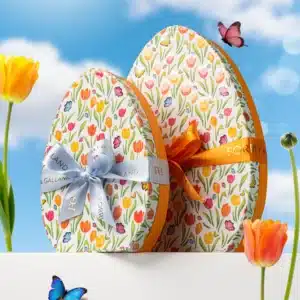 Small Easter chocolate gift box with handcrafted praline eggs and chocolate rabbits