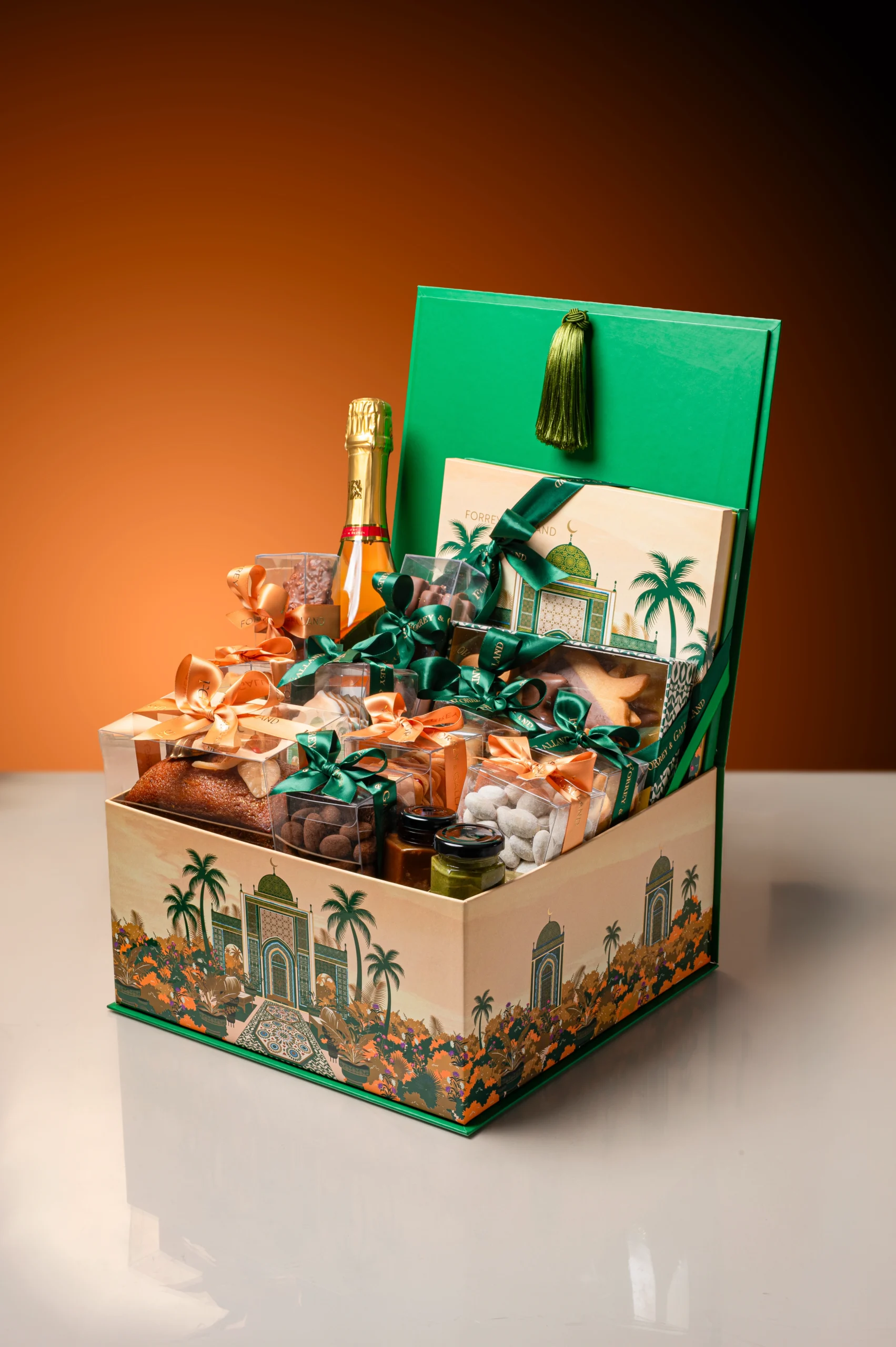 Eid hosting table with Forrey & Galland chocolates, premium dates and elegant sweet touches