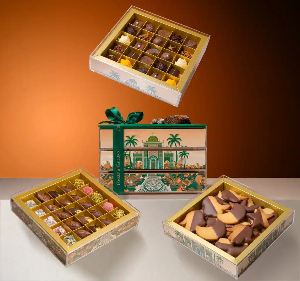 Corporate Eid gifts by Forrey & Galland with luxury chocolates, dates and elegant branded packaging