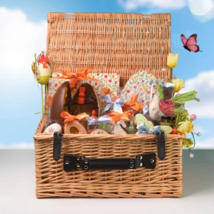 Large luxury Easter wicker hamper filled with handcrafted chocolates cookies and festive seasonal treats