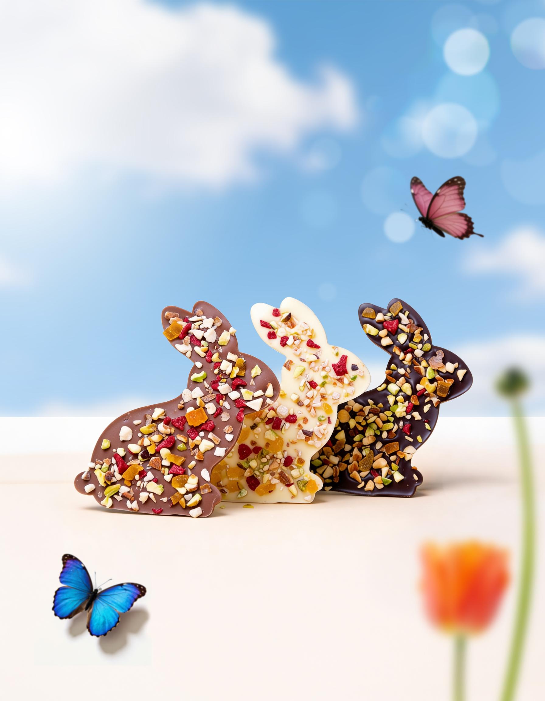 Handcrafted rabbit-shaped Easter chocolates topped with dried fruits and nuts