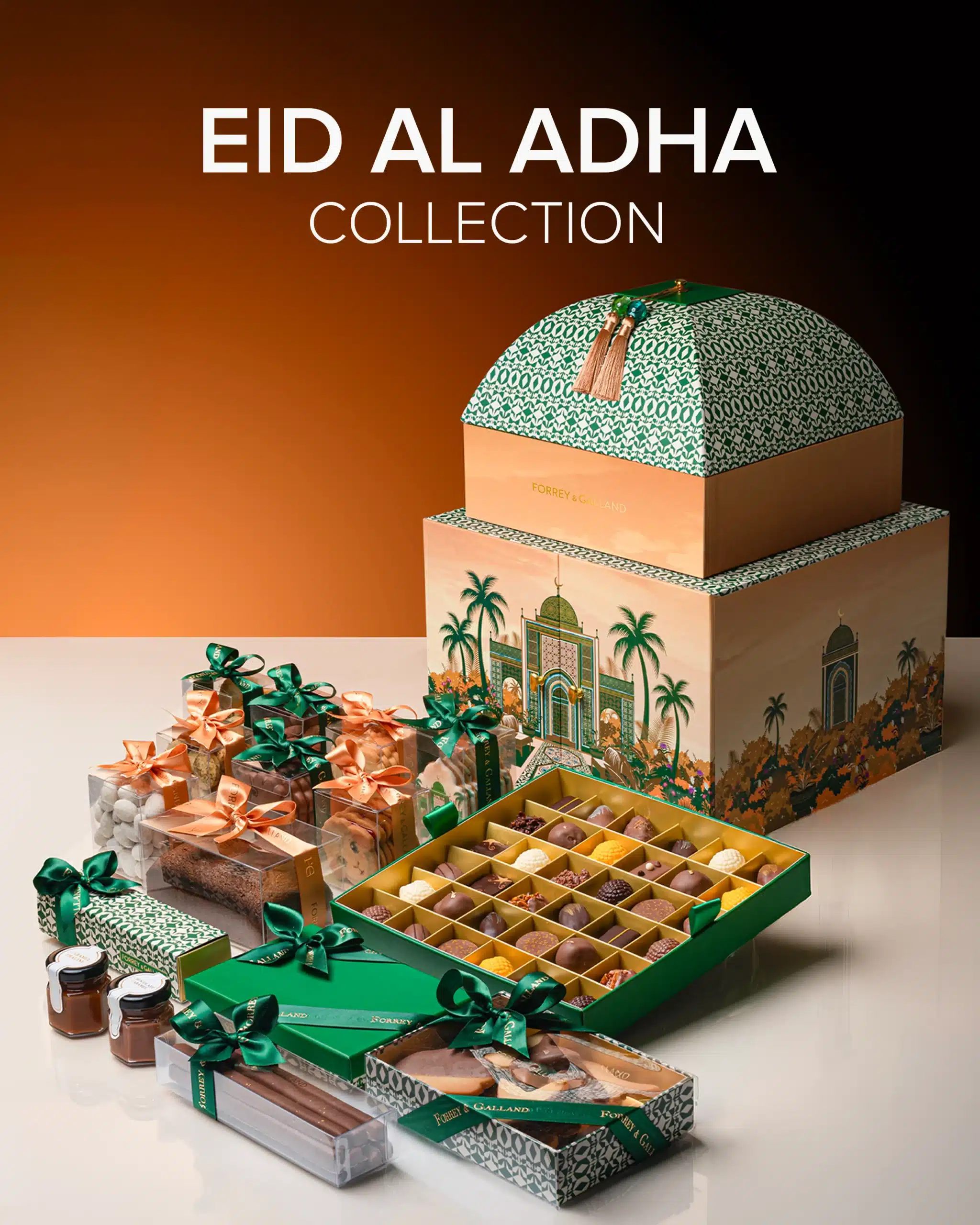 Luxury Eid Al Adha gifts Dubai by Forrey & Galland featuring handcrafted chocolates, dates, and elegant gifting trays.
