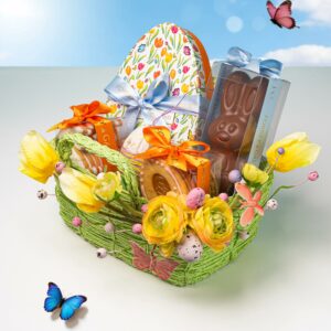 Classic woven Easter basket with handcrafted chocolates cookies floral details and seasonal treats